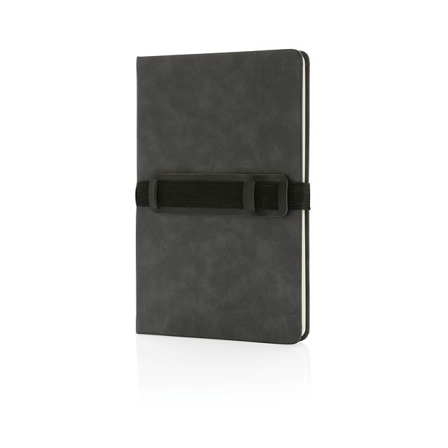 Deluxe hardcover PU notebook A5 with phone and pen holder, g - grey