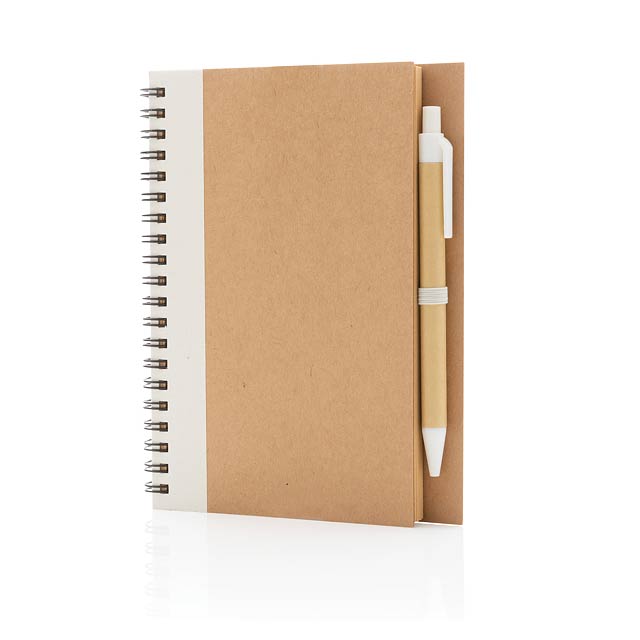 Kraft spiral notebook with pen, white - white