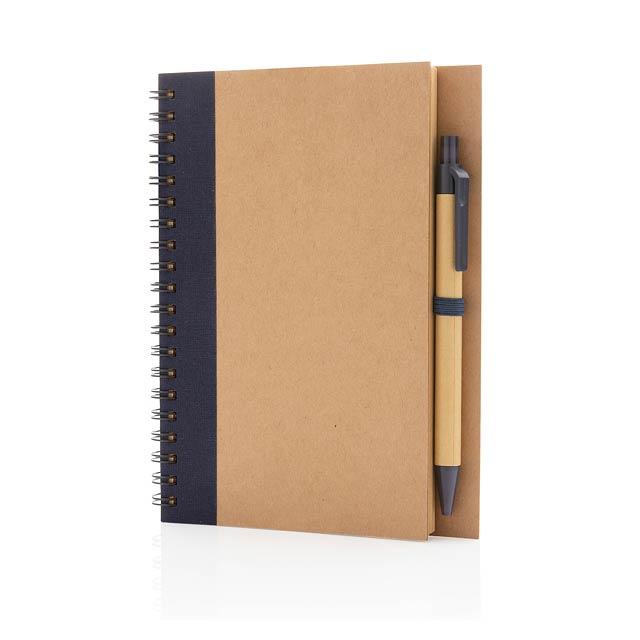 Kraft spiral notebook with pen, blue - blue