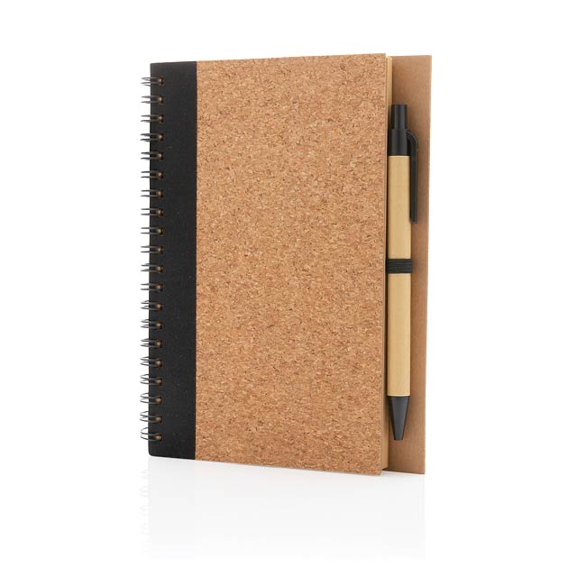 Cork spiral notebook with pen, black - black