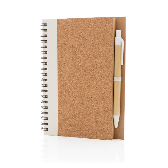 Cork spiral notebook with pen, white - white