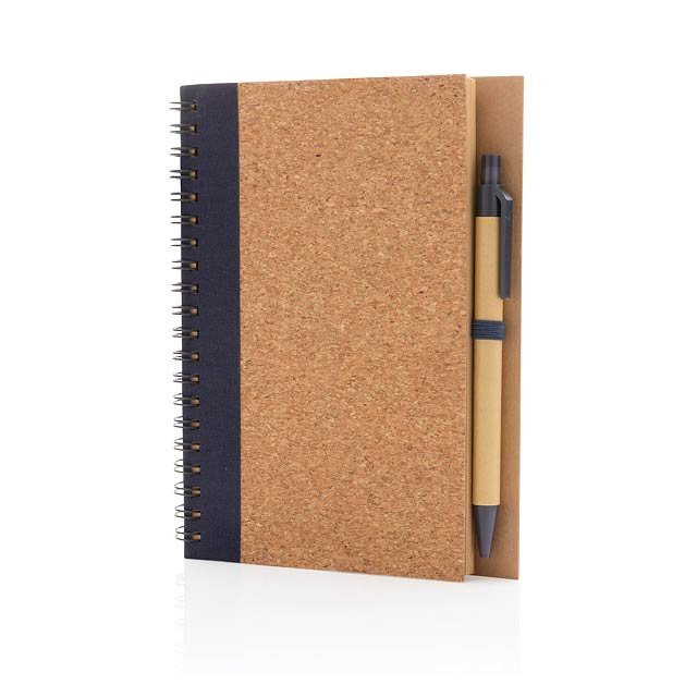 Kork Spiral-Notizbuch mit Stift, blau - blau