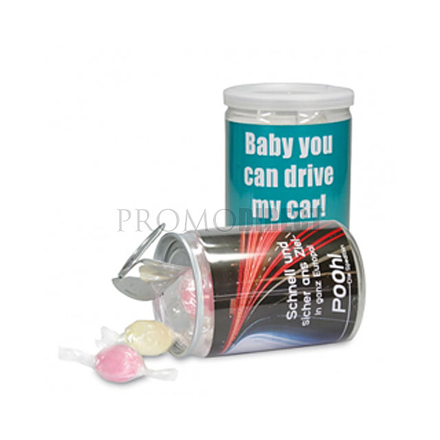 The can with extensive advertising space right the way round, either transparent or in classy silver. PET container in the form of a drinks can, with an aluminium ring pull and an extra plastic lid so you can close it again. Filled with sweets or jelly bears.  - foto