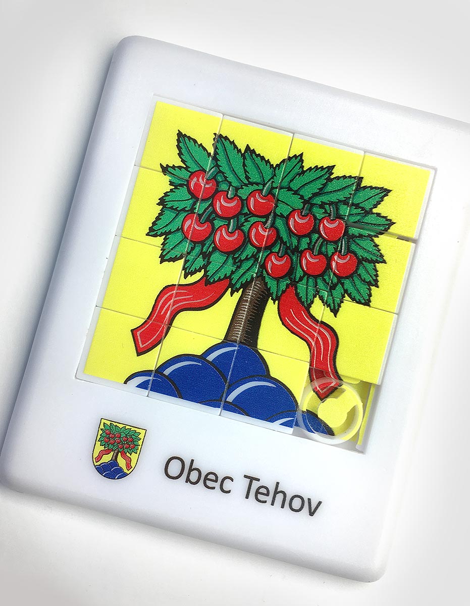 Reklamní posuvný hlavolam s potiskem znaku obce Tehov