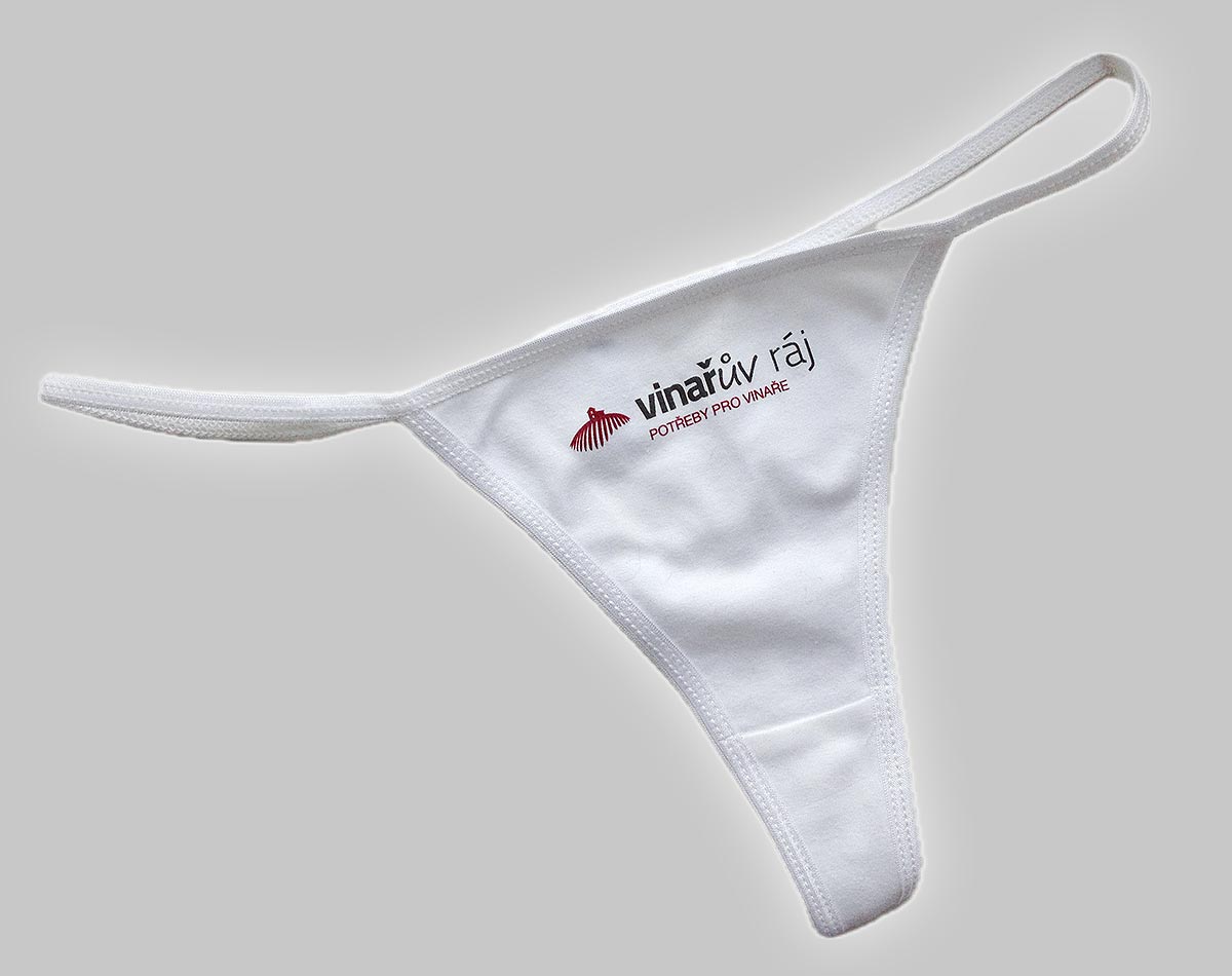 Reklamní bílé dámské tanga s potiskem loga Vinařův ráj