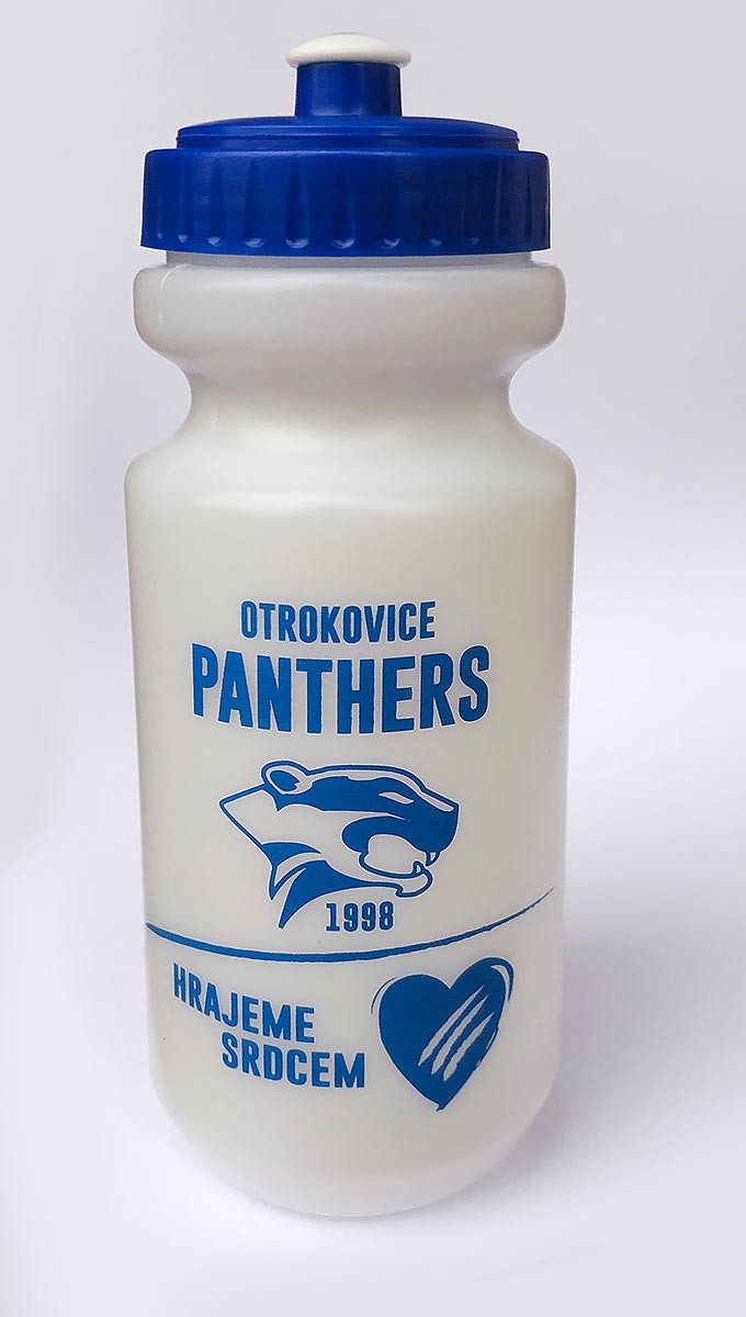 Reklamní bílo-modrá sportovní láhev na pití s potiskem loga Otrokovice Panthers
