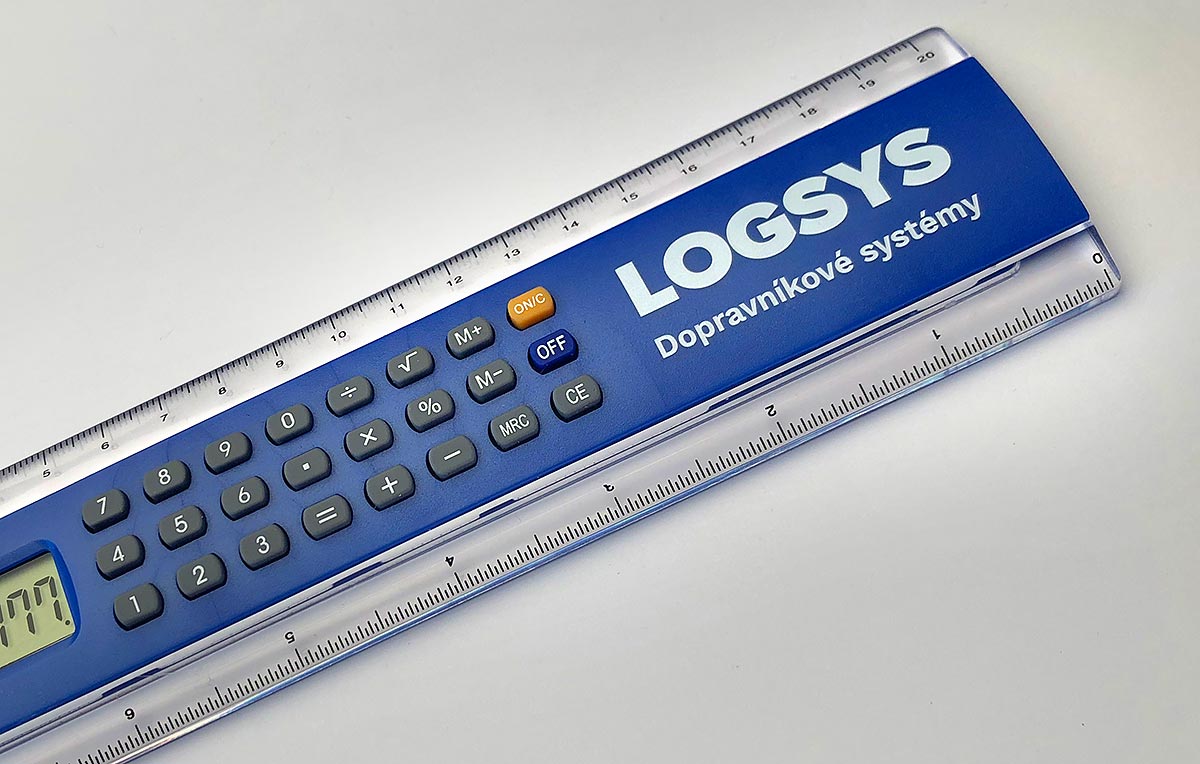 Reklamní pravítko s kalkulačkou a potiskem loga Logsys Dopravníkové systémy