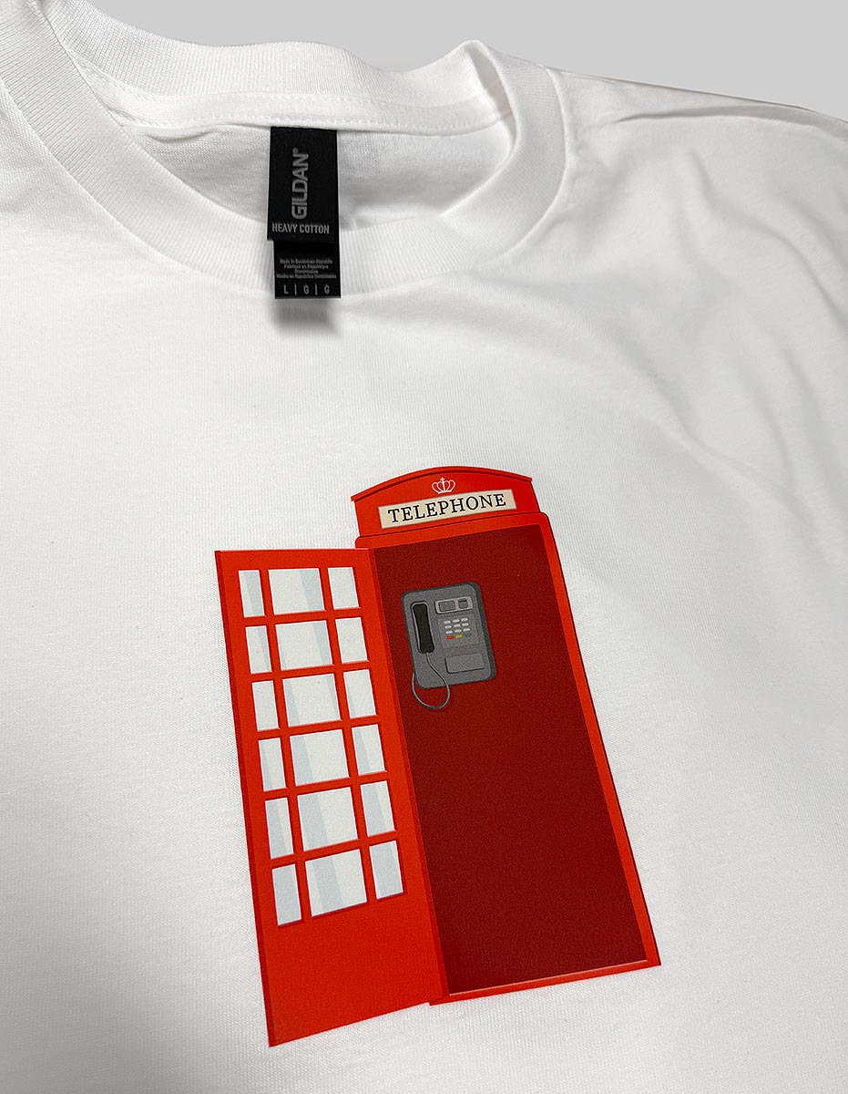 Reklamní bílé bavlněné tričko s potiskem britské telefonní budky