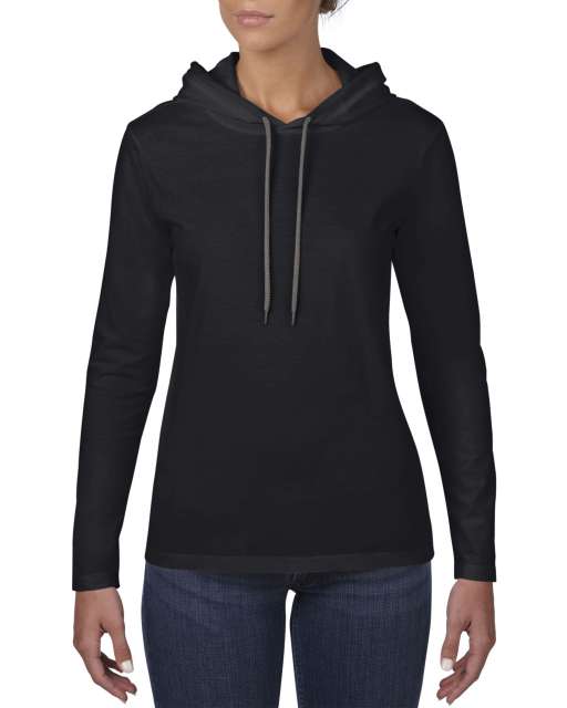 Anvil Women’s Lightweight Long Sleeve Hooded Tee - Anvil Women’s Lightweight Long Sleeve Hooded Tee - Black