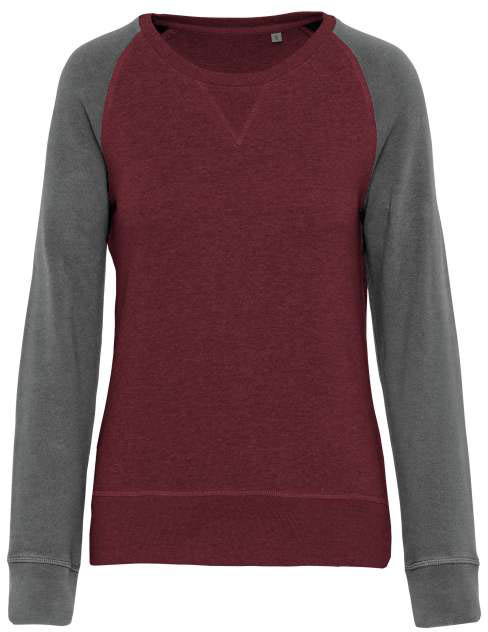 Kariban Ladies' Two-tone Organic Crew Neck Raglan Sleeve Sweatshirt mikina - červená