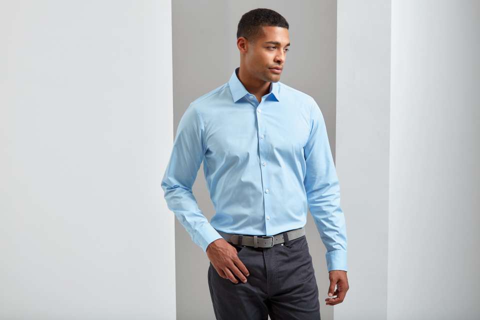 Premier Men's Stretch-fit Cotton Poplin Long Sleeve Shirt - blue