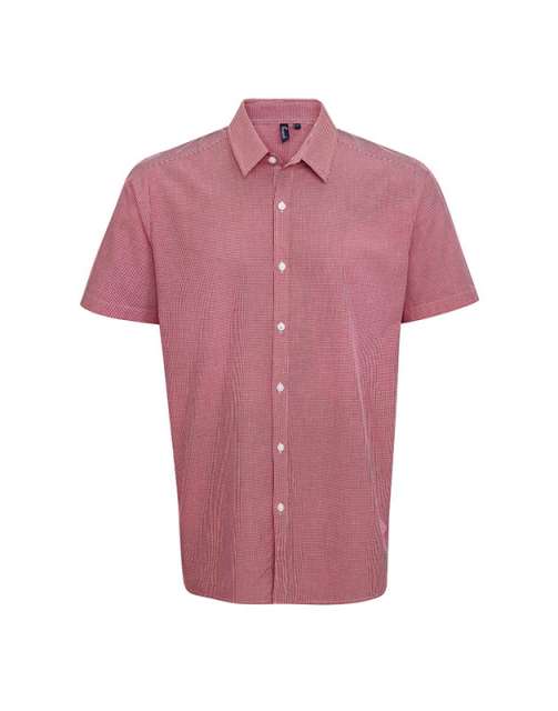 Premier Men's Short Sleeve Gingham Cotton Microcheck Shirt - Premier Men's Short Sleeve Gingham Cotton Microcheck Shirt - Red