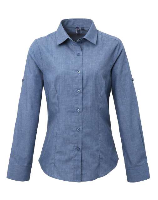 Premier Women's Cross-dye Roll Sleeve Poplin Bar Shirt - modrá