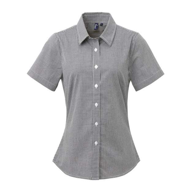 Premier Women's Short Sleeve Gingham Microcheck Shirt - černá