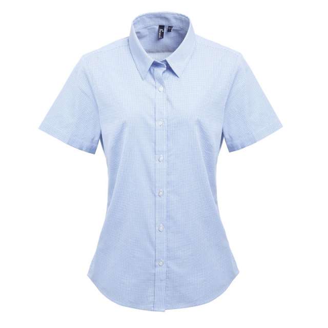 Premier Women's Short Sleeve Gingham Microcheck Shirt - Premier Women's Short Sleeve Gingham Microcheck Shirt - Light Blue