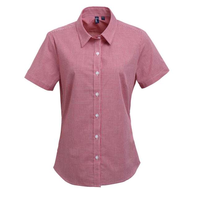 Premier Women's Short Sleeve Gingham Microcheck Shirt - červená